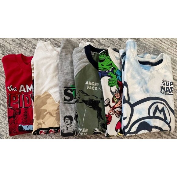 Boys Graphic Superhero Super Mario Long Sleeve Tees Lot of 6 - Size 6x-8 - Picture 1 of 1